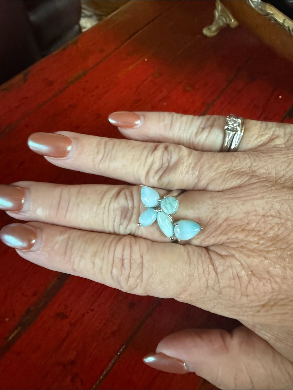 Gorgeous Larimar Sterling Silver Flower Statement Ring – Size 8.5